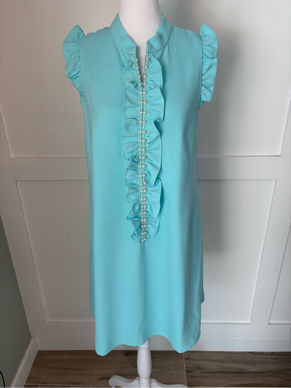 Lilly Pulitzer Adalee Shift Aqua Ruffled Pearl-Trim Shift Dress size 4 NWT